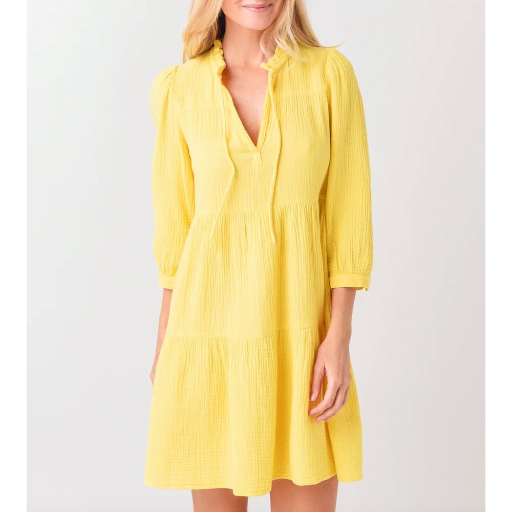 HONORINE Giselle Gauze‎ Slub Cotton Tiered Ruffle Neck Mini Dress